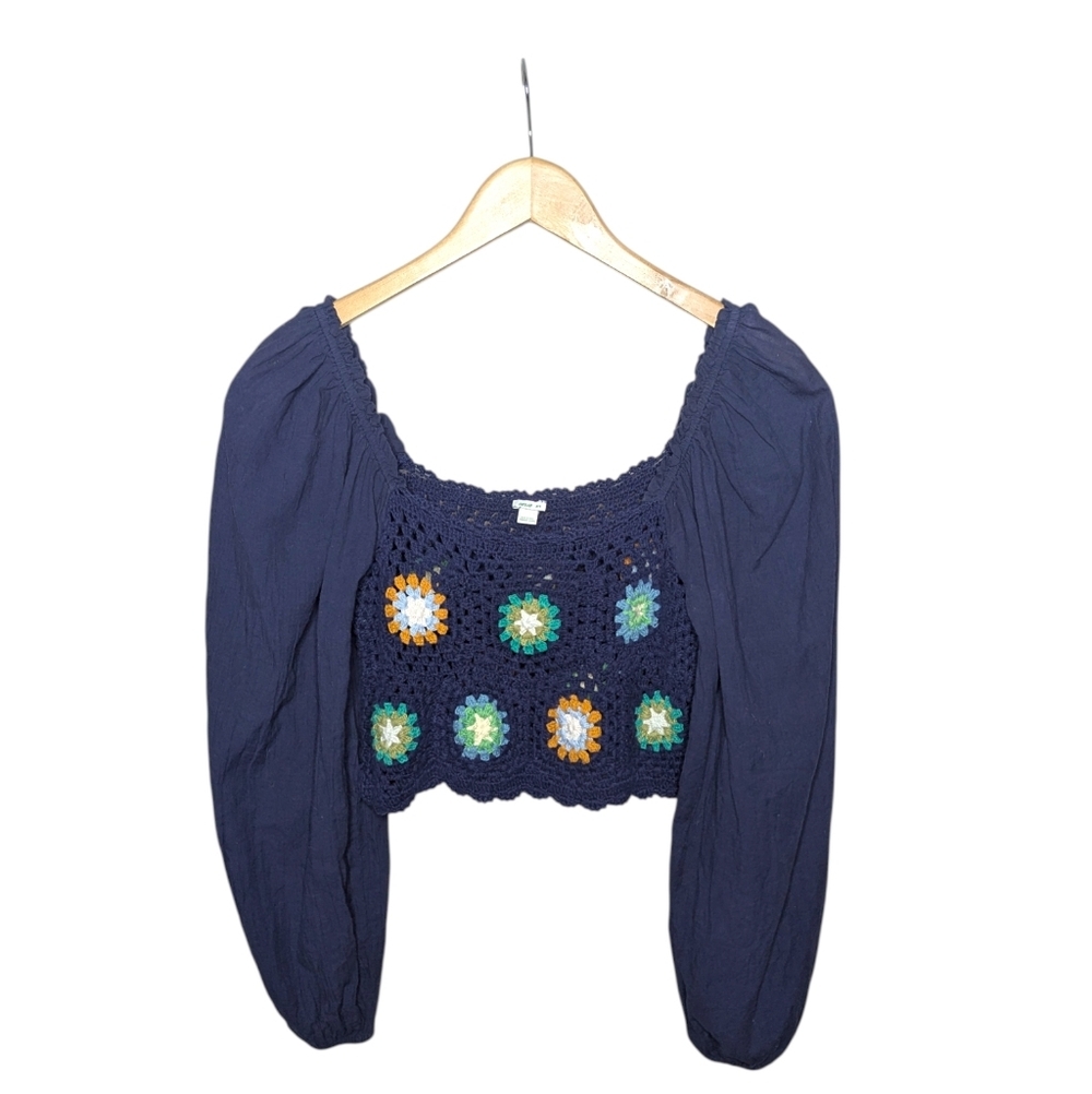 Aerie Crochet Crop Top Medium Navy Balloon Sleeve Boho Peasant Floral Hippie